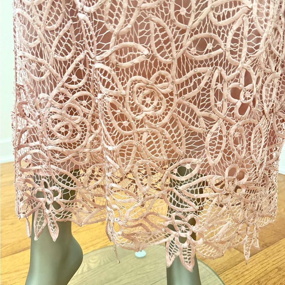 Silken Poetry Silk Lace Vintage Top & Maxi Skirt Soft Pink Beaded Accents‎ Lined
